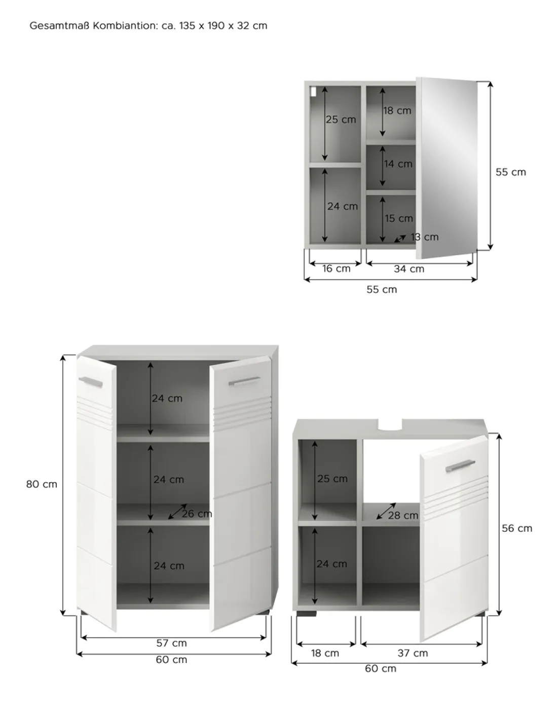 Bad Set Copa 4 | 3-teilig | hellgrau / weiß Hochglanz mit Aufsatzleuchte