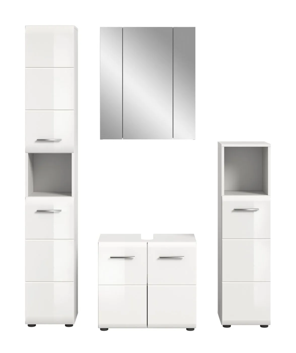 Bad Set Ice 1, 4-teilig, Badmöbel-Set mit Spiegelschrank, Unterschrank mit Schubladen, Hochschränken und offenem Regal – Ansicht 2
