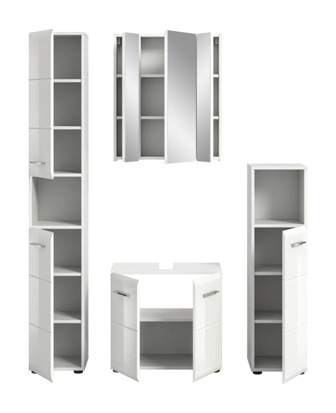 Bad Set Ice 1, 4-teilig, Badmöbel-Set mit Spiegelschrank, Unterschrank mit Schubladen, Hochschränken und offenem Regal – Ansicht 3