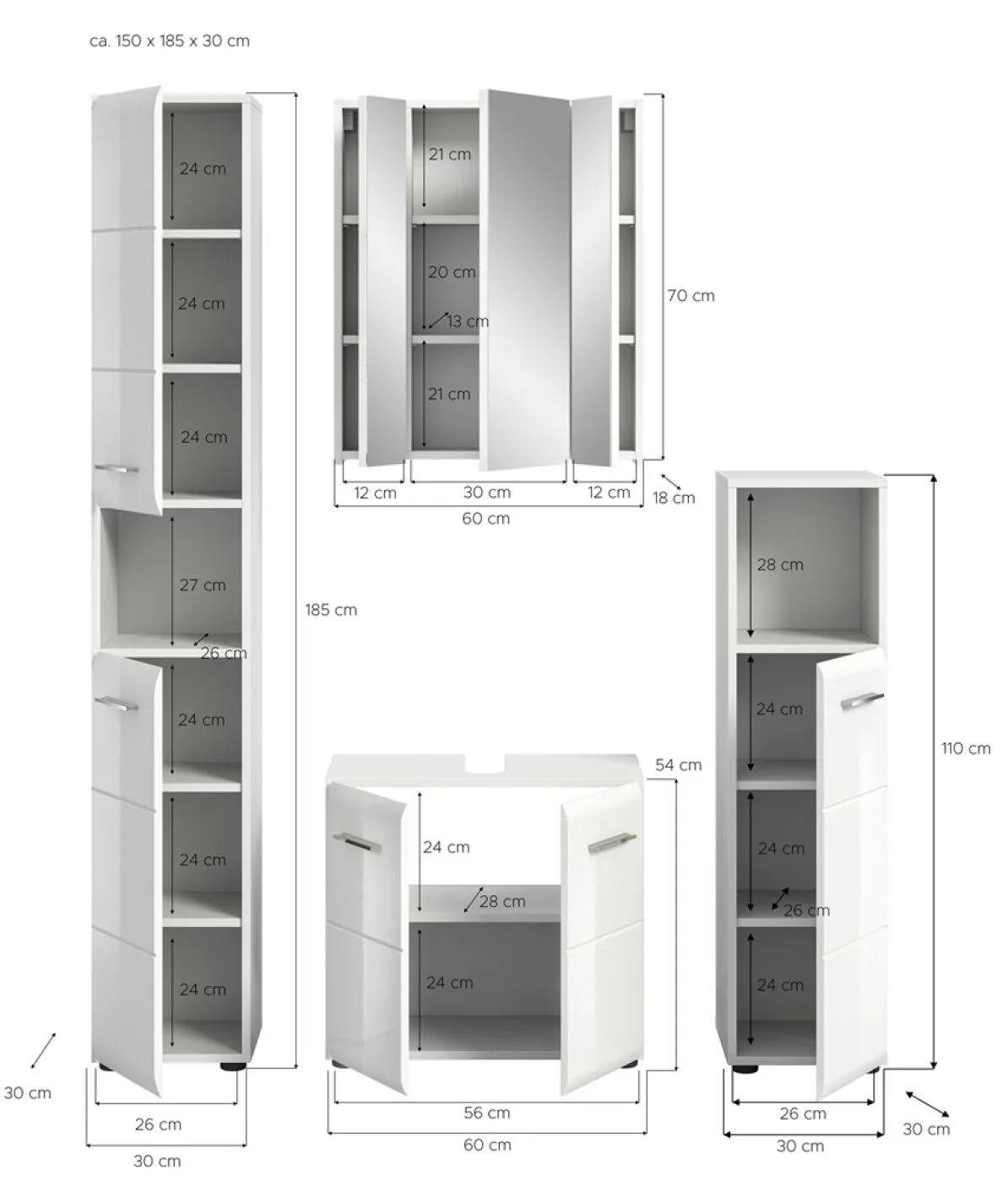 Bad Set Ice 1, 4-teilig, Badmöbel-Set mit Spiegelschrank, Unterschrank mit Schubladen, Hochschränken und offenem Regal – Ansicht 4