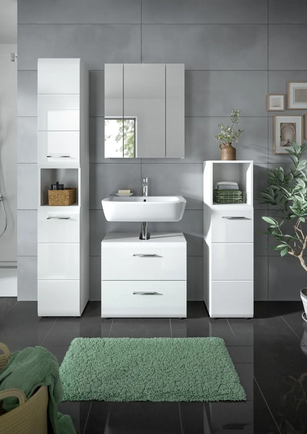Bad Set Ice 1, 4-teilig, Badmöbel-Set mit Spiegelschrank, Unterschrank mit Schubladen, Hochschränken und offenem Regal – Ansicht 6