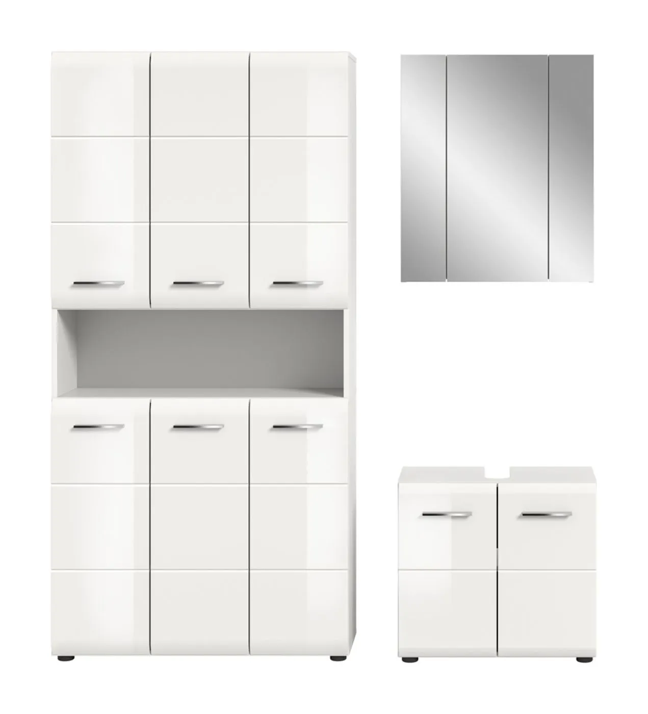 Bad Set Ice 10, 3-teilig, im Bad, Hochschrank mit offenen Fächern, Spiegelschrank und Waschtisch mit Unterschrank – Ansicht 3