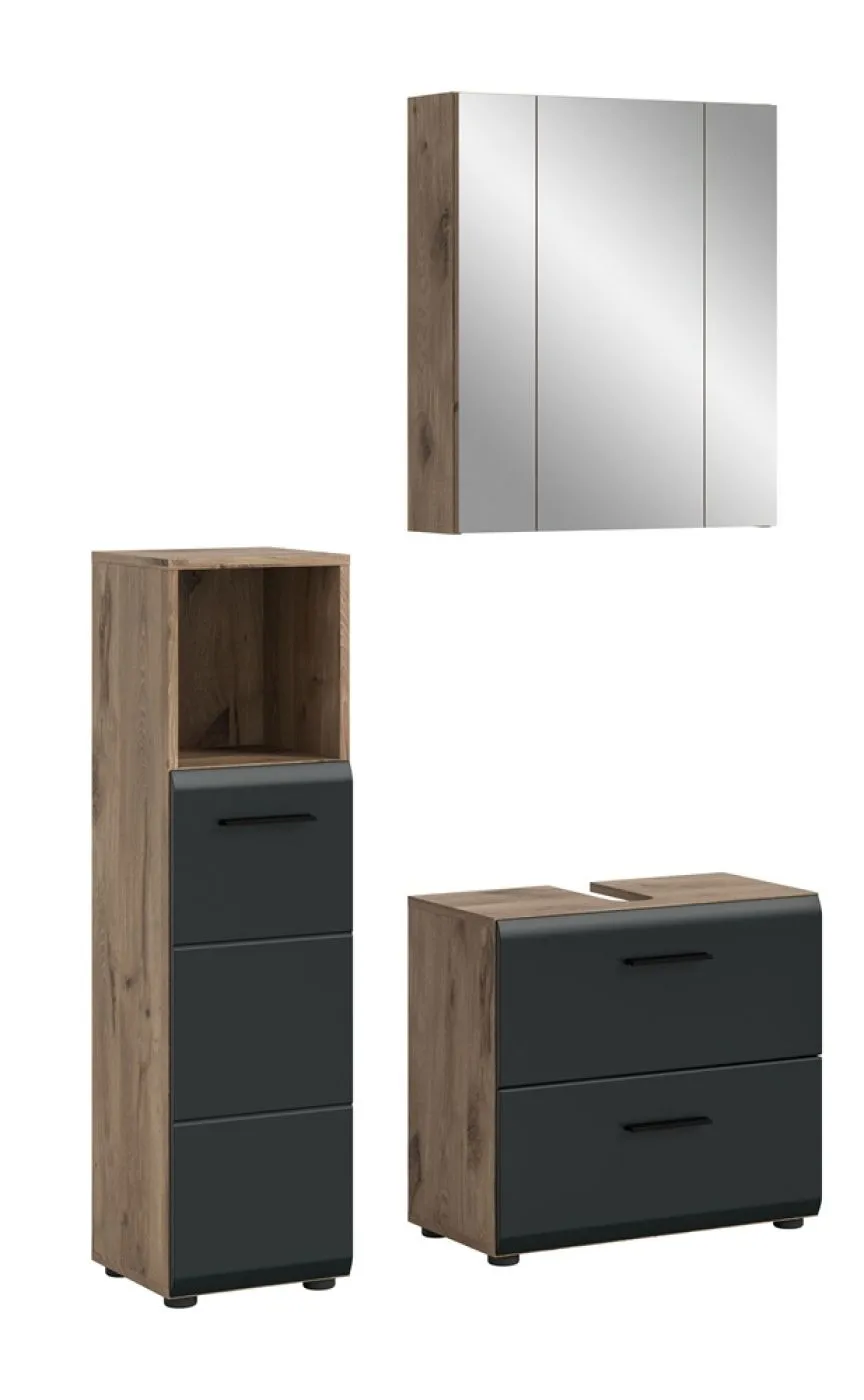 Bad Set Ice 2 | 3-teilig | Nox Oak / schwarz matt mit Badaufsatzleuchte