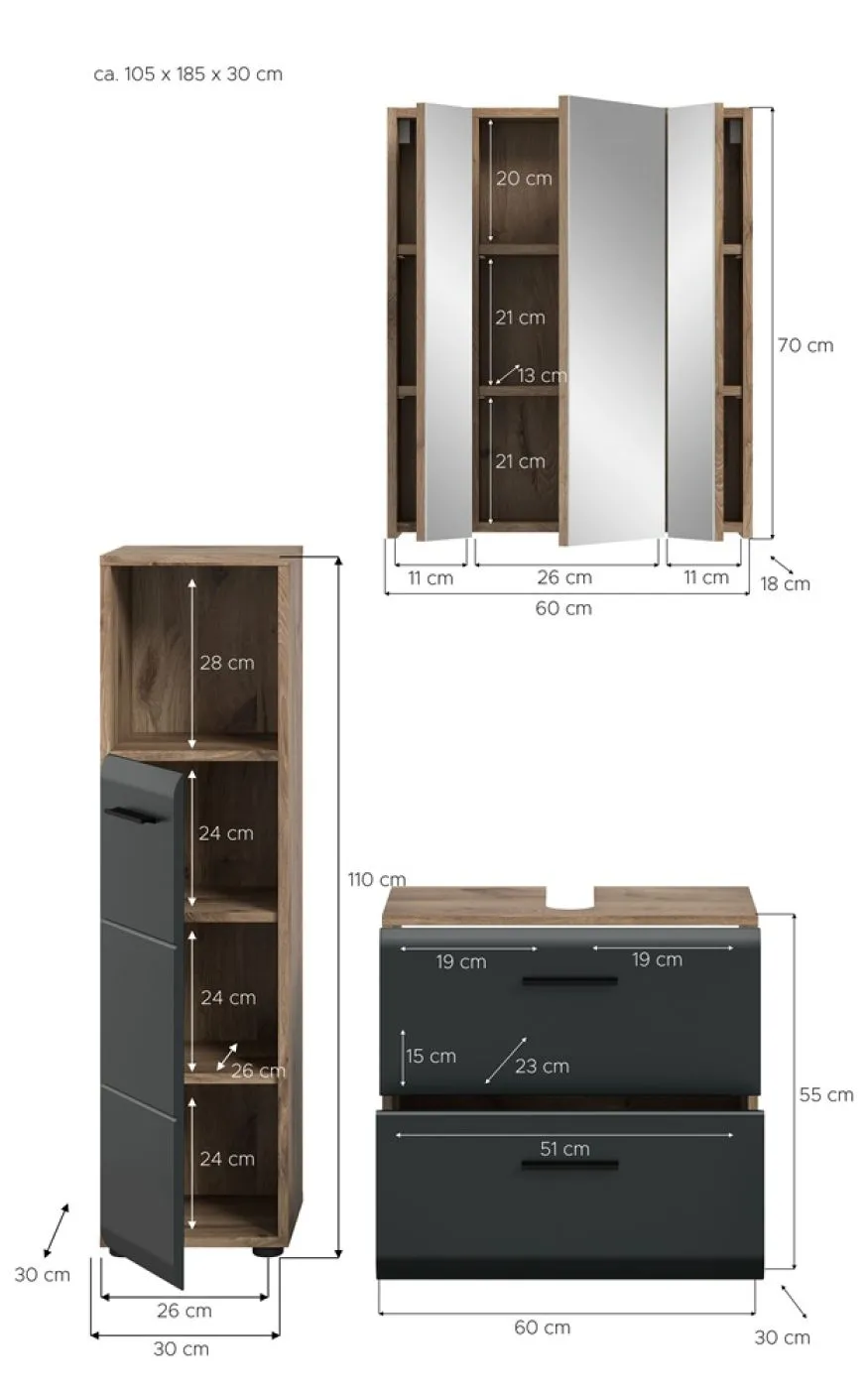 Bad Set Ice 2 | 3-teilig | Nox Oak / schwarz matt mit Badaufsatzleuchte