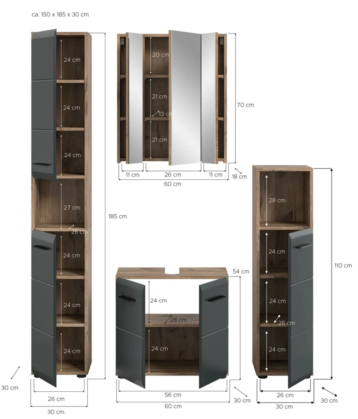 Bad Set Ice 2 | 4-teilig | Nox Oak / schwarz matt ohne