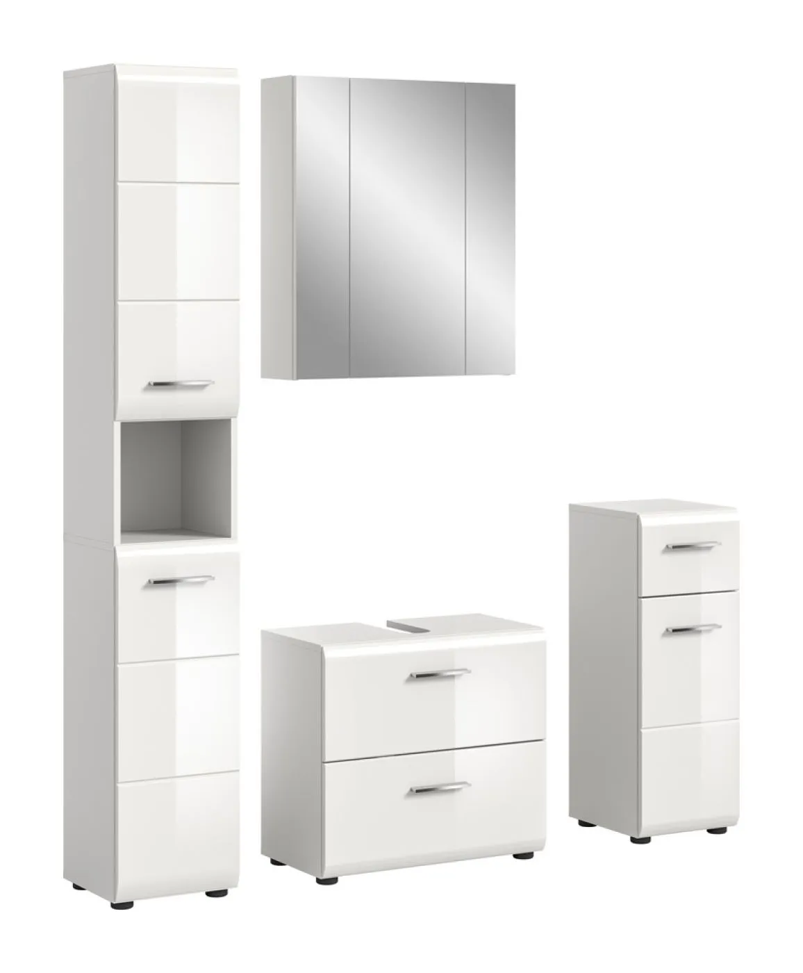 Bad Set Ice 2, 4-teilig, weiß Hochglanz, im Bad, Waschtisch mit Unterschrank, Spiegelschrank, Hochschrank und Seitenschrank – Ansicht 2