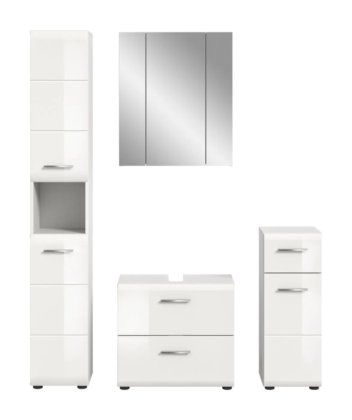 Bad Set Ice 2, 4-teilig, weiß Hochglanz, im Bad, Waschtisch mit Unterschrank, Spiegelschrank, Hochschrank und Seitenschrank – Ansicht 3
