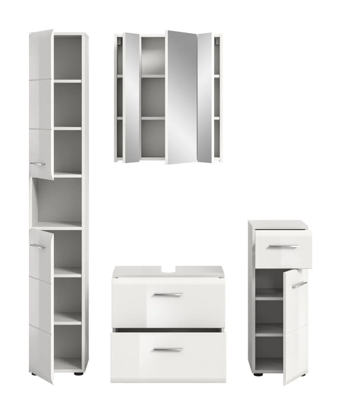 Bad Set Ice 2, 4-teilig, weiß Hochglanz, im Bad, Waschtisch mit Unterschrank, Spiegelschrank, Hochschrank und Seitenschrank – Ansicht 4