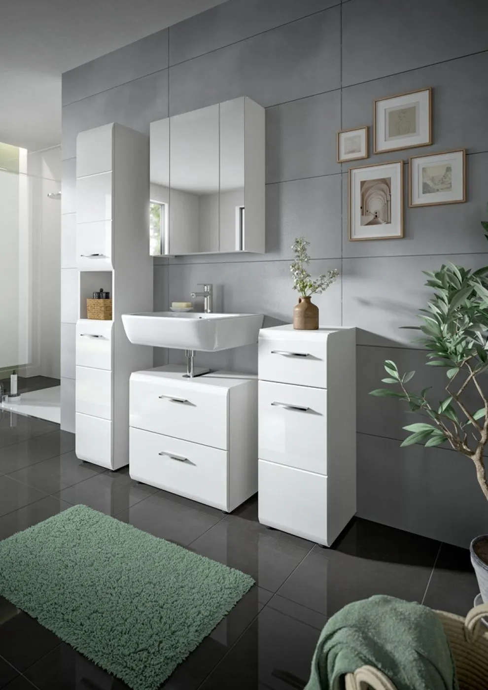 Bad Set Ice 2, 4-teilig, weiß Hochglanz, im Bad, Waschtisch mit Unterschrank, Spiegelschrank, Hochschrank und Seitenschrank – Ansicht 7