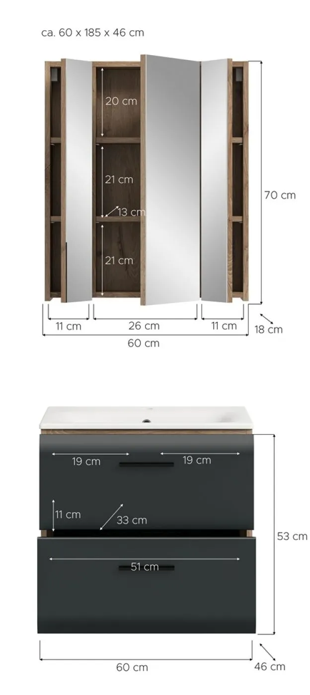 Bad Set Ice 3 | 2-teilig | Nox Oak / schwarz matt | inkl. Waschbecken
