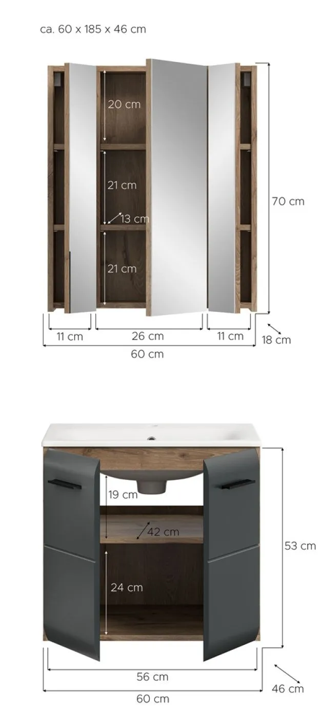 Bad Set Ice 3, 2-teilig, schwarz matt, im Bad mit Spiegelschrank und Waschtisch mit Unterschrank – Ansicht 5