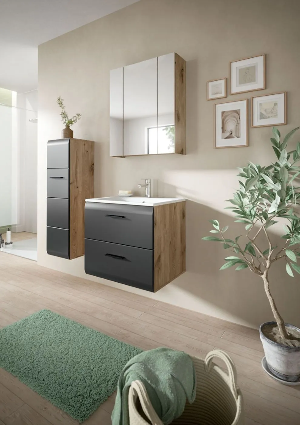 Bad Set Ice 3 | 2-teilig | Nox Oak / schwarz matt | mit Aufsatzleuchte