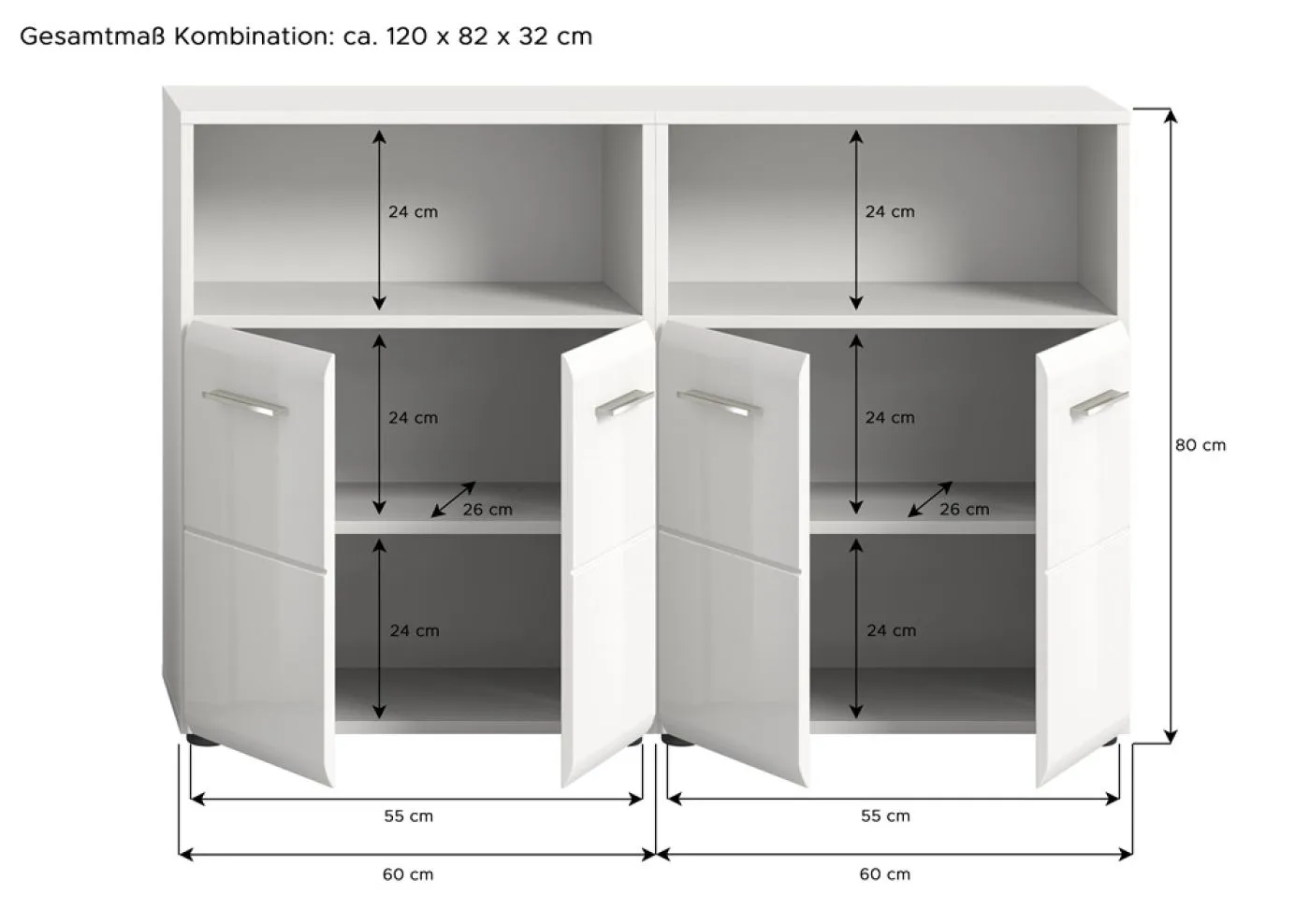 Bad Set Ice 3, 2-teilig, weiß Hochglanz, 2 Schränke mit Nischen oben und 4 Schubkästen unten, Metallfüße – Ansicht 5