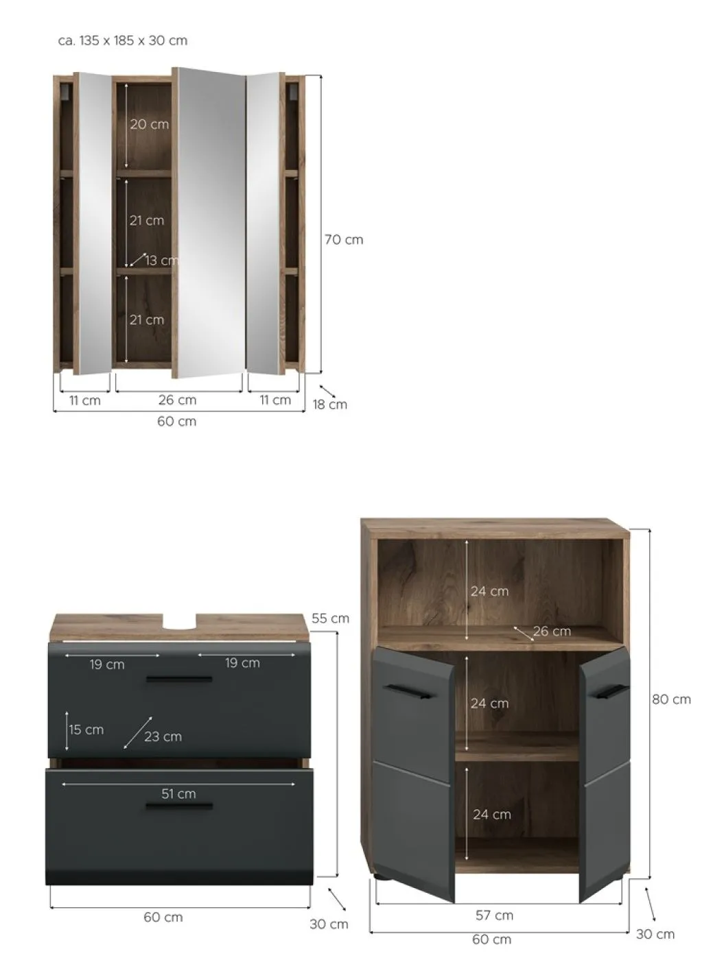 Bad Set Ice 3 | 3-teilig | Nox Oak / schwarz matt ohne 1