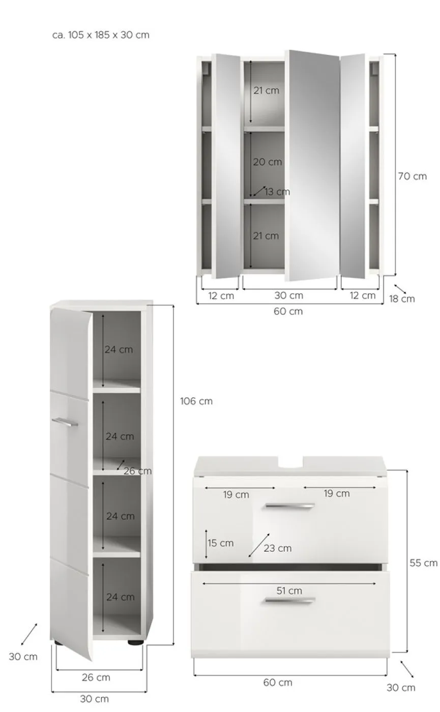 Bad Set Ice 3 | 3-teilig | weiß / weiß Hochglanz ohne Badaufsatzleuchte