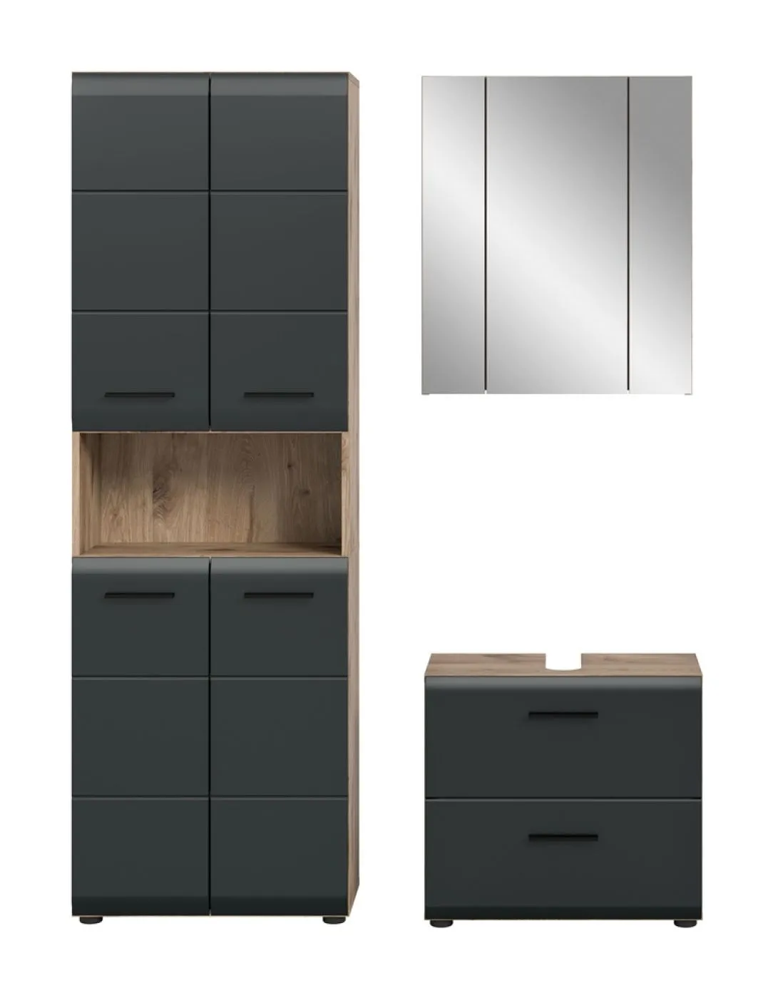 Bad Set Ice, 3-teilig, schwarz matt, im Bad, mit Hochschrank, Waschtisch und Spiegelschrank an der Wand – Ansicht 3