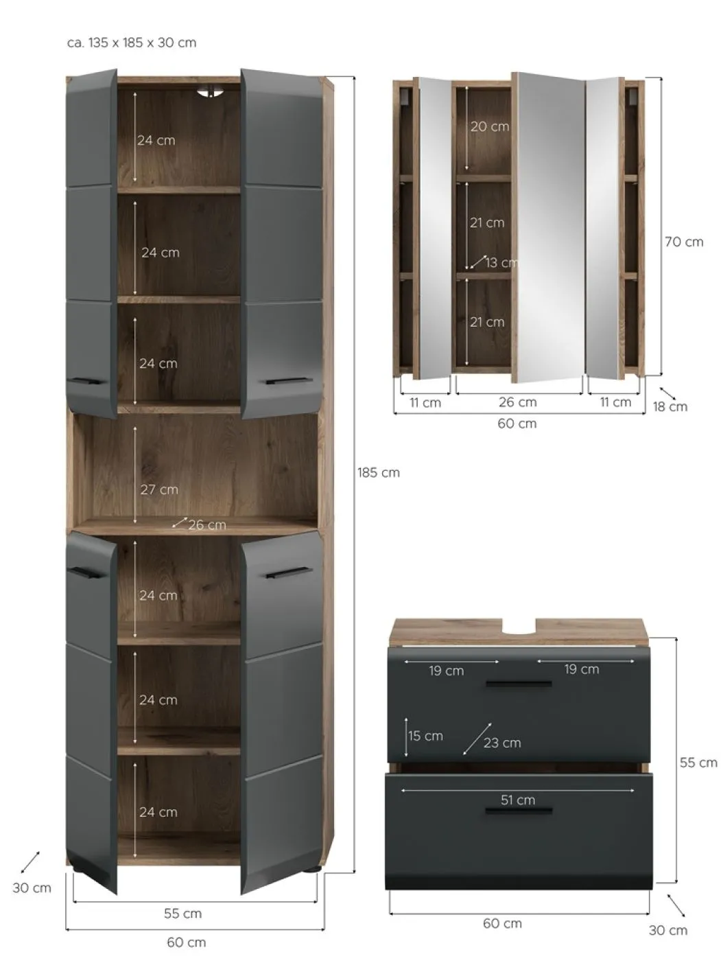 Bad Set Ice | 3-teilig | Nox Oak / schwarz matt ohne