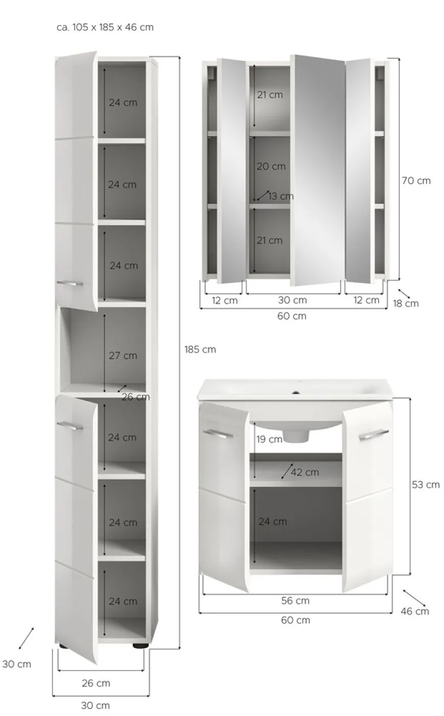 Bad Set Ice 4 | 3-teilig | weiß / weiß Hochglanz ohne Badaufsatzleuchte
