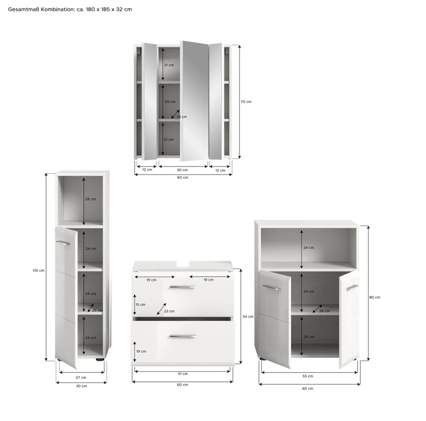 Bad Set Ice 7 | 4-teilig | weiß / weiß Hochglanz | ohne Aufsatzleuchte
