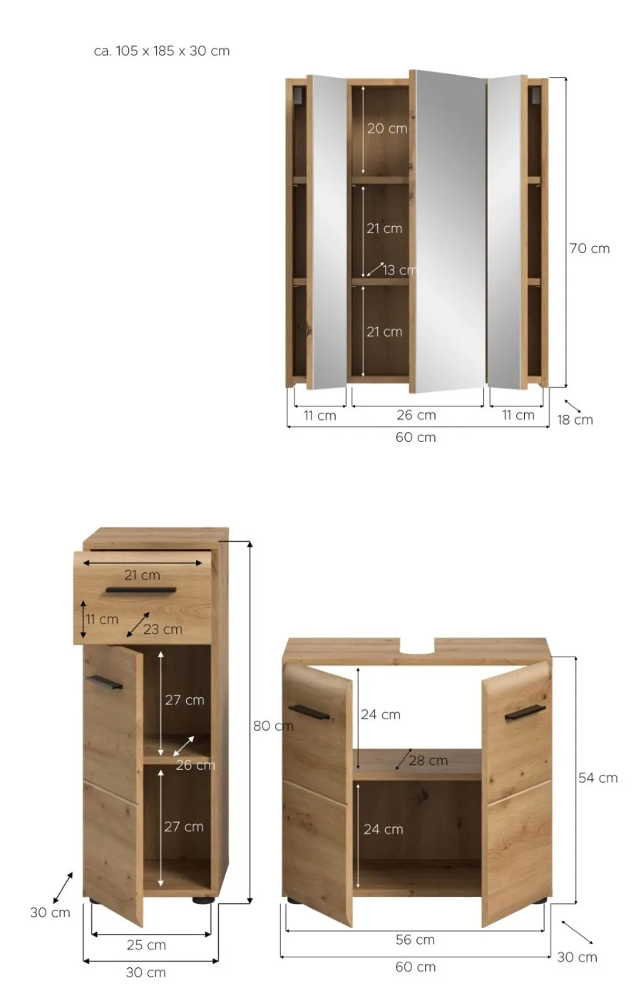 Bad Set Ice 5, 3-teilig, Artisan Eiche Dekor, im Bad, Spiegelschrank über Waschtisch mit Unterschrank und Seitenschrank – Ansicht 5