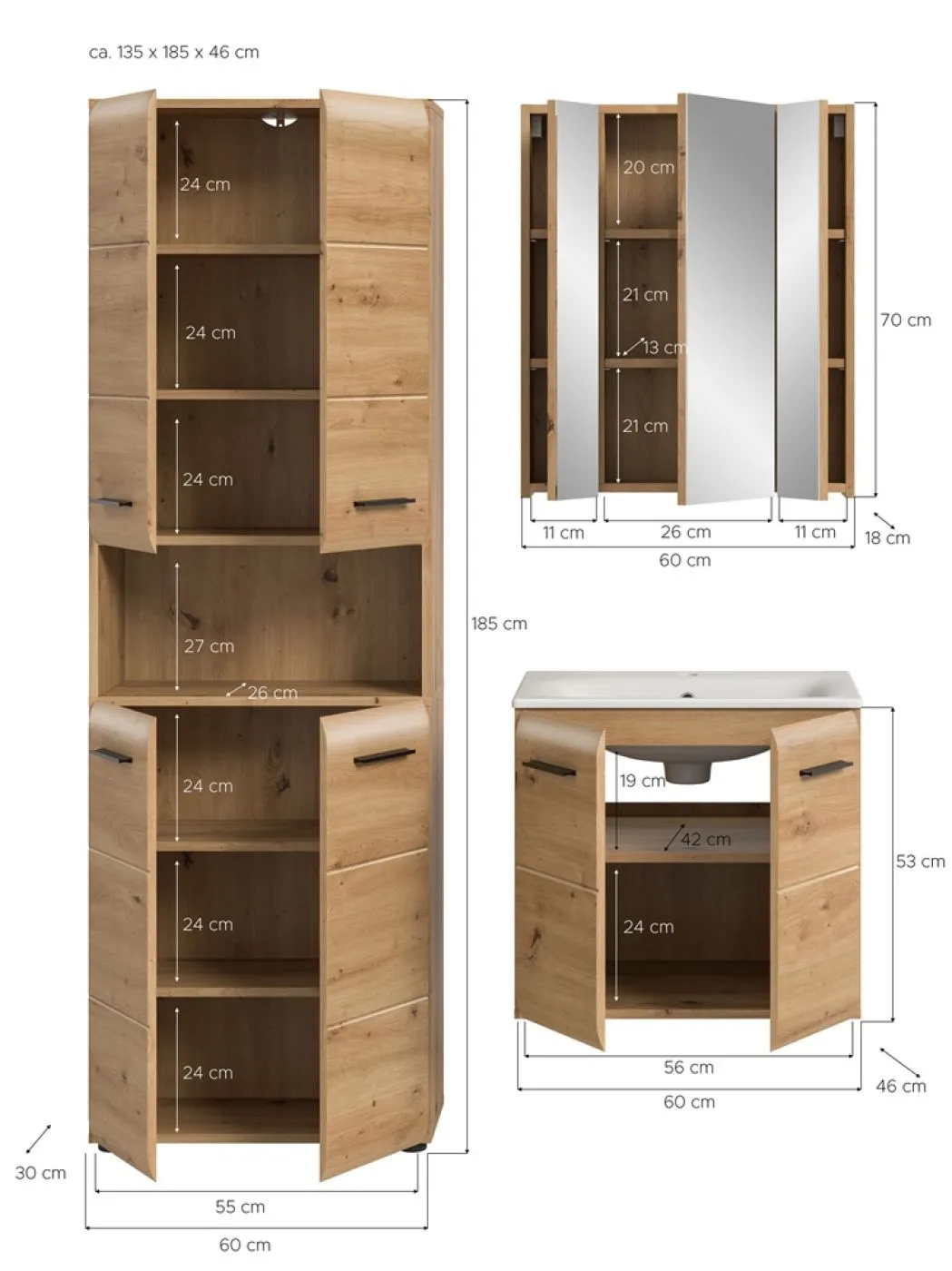 Bad Set Ice 6 | 3-teilig | Artisan Oak ohne Beleuchtung