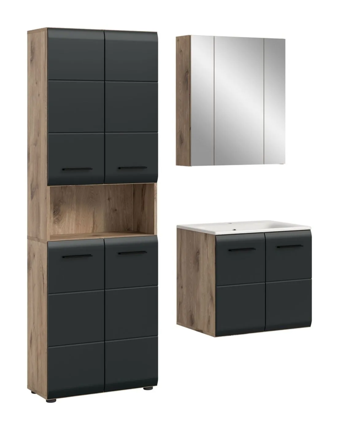 Bad Set Ice 6, 3-teilig, schwarz matt, im Bad, Hochschrank mit Nische, Waschtisch mit Unterschrank, Spiegelschrank – Ansicht 2