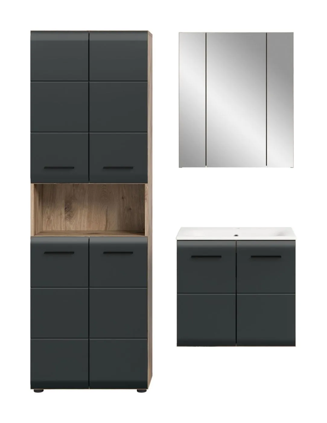 Bad Set Ice 6, 3-teilig, schwarz matt, im Bad, Hochschrank mit Nische, Waschtisch mit Unterschrank, Spiegelschrank – Ansicht 3