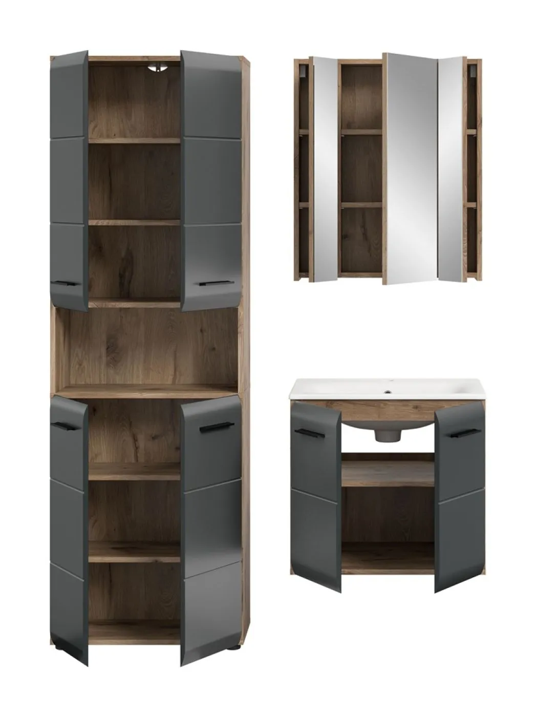 Bad Set Ice 6, 3-teilig, schwarz matt, im Bad, Hochschrank mit Nische, Waschtisch mit Unterschrank, Spiegelschrank – Ansicht 4