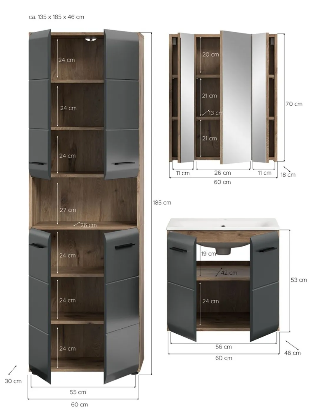 Bad Set Ice 6, 3-teilig, schwarz matt, im Bad, Hochschrank mit Nische, Waschtisch mit Unterschrank, Spiegelschrank – Ansicht 5