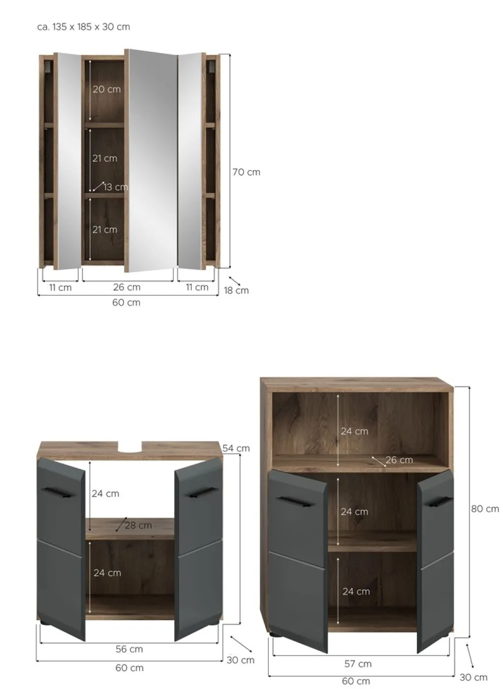 Bad Set Ice 6 | 3-teilig | Nox Oak / schwarz matt ohne