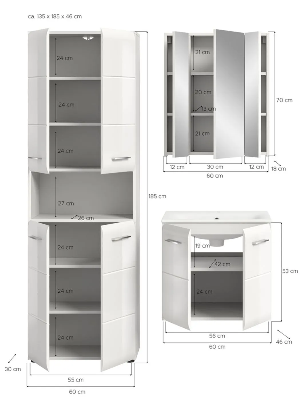 Bad Set Ice 6 | 3-teilig | weiß / weiß Hochglanz ohne Badaufsatzleuchte