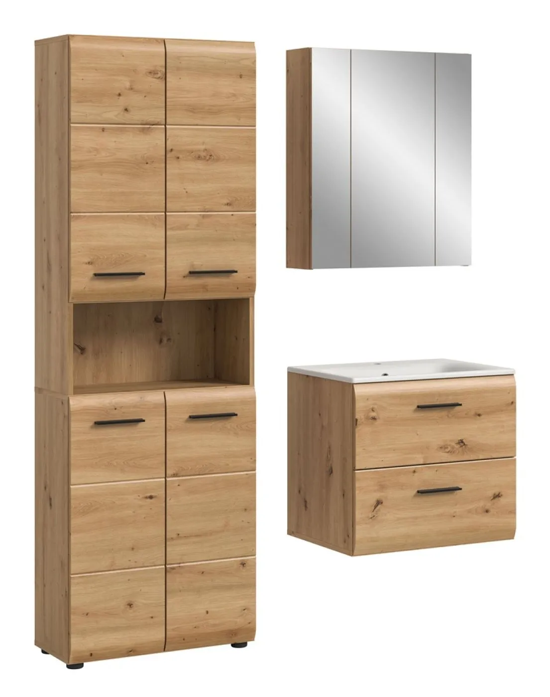 Bad Set Ice 7, 3-teilig, im Bad, Hochschrank mit offener Nische, Waschtisch mit Unterschrank und Spiegelschrank – Ansicht 2