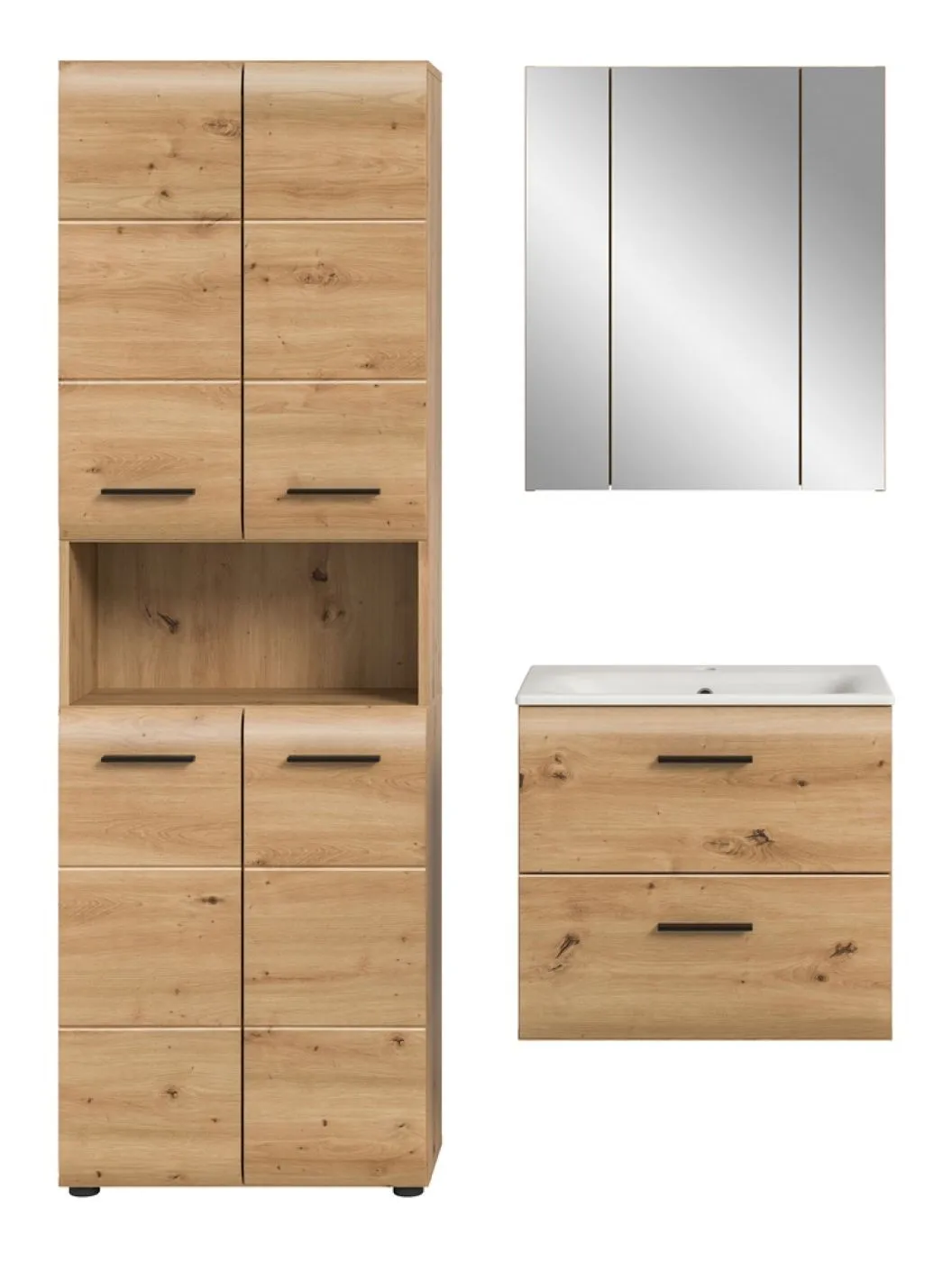 Bad Set Ice 7, 3-teilig, im Bad, Hochschrank mit offener Nische, Waschtisch mit Unterschrank und Spiegelschrank – Ansicht 3