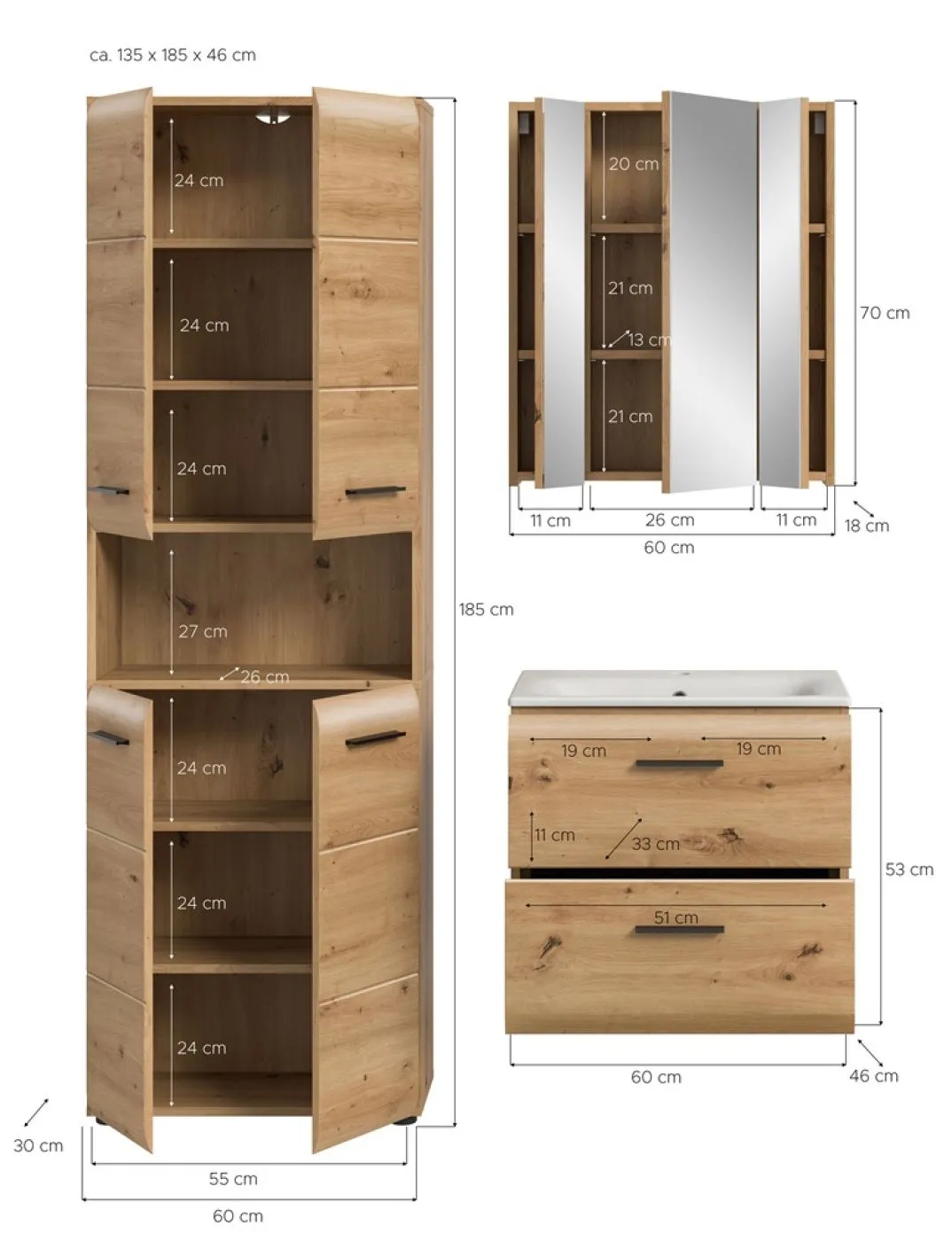 Bad Set Ice 7 | 3-teilig | Artisan Oak ohne Beleuchtung