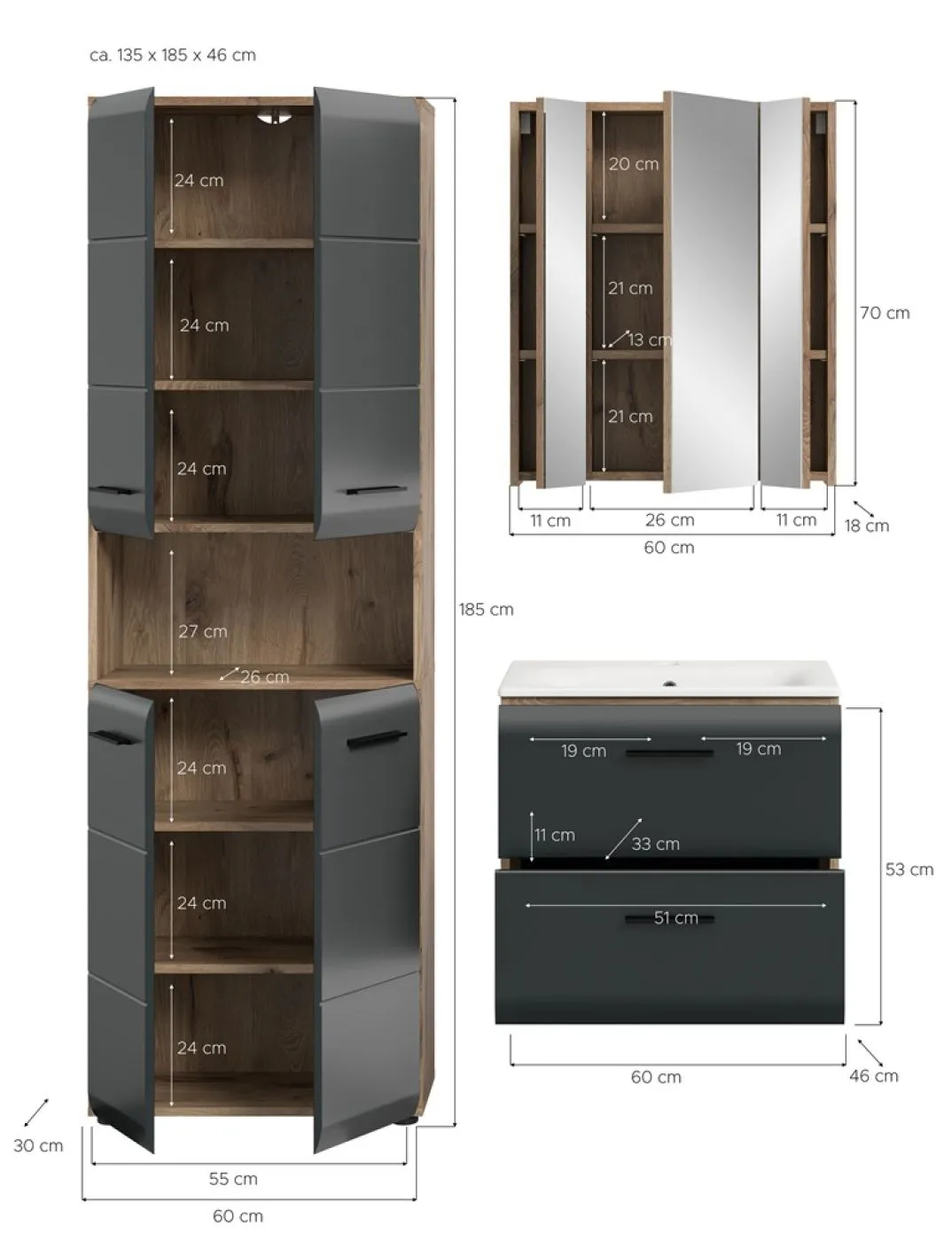 Bad Set Ice 7 | 3-teilig | Nox Oak / schwarz matt