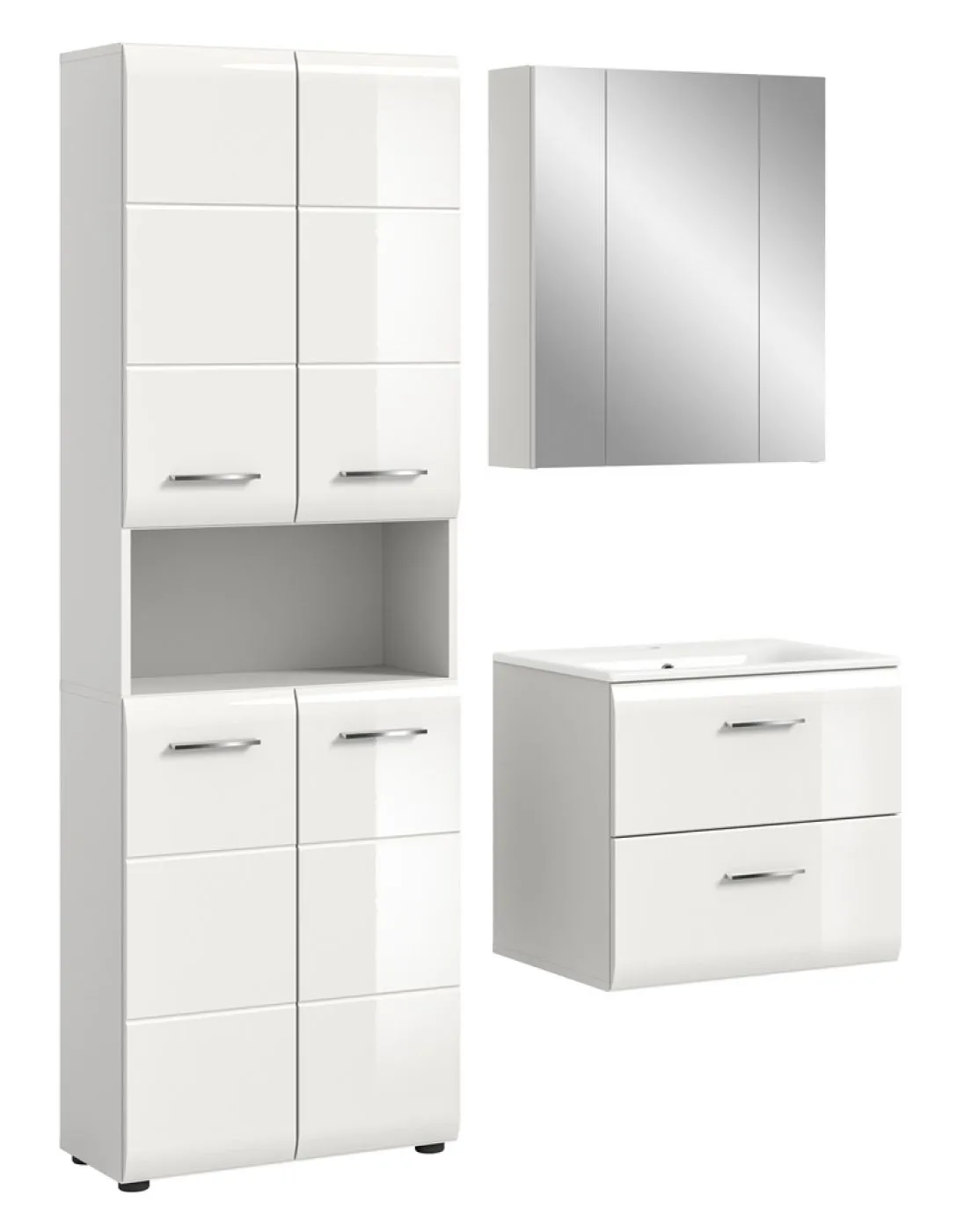 Bad Set Ice 7, 3-teilig, weiß Hochglanz, im Bad mit Hochschrank, Waschtisch mit Unterschrank und Spiegelschrank – Ansicht 2