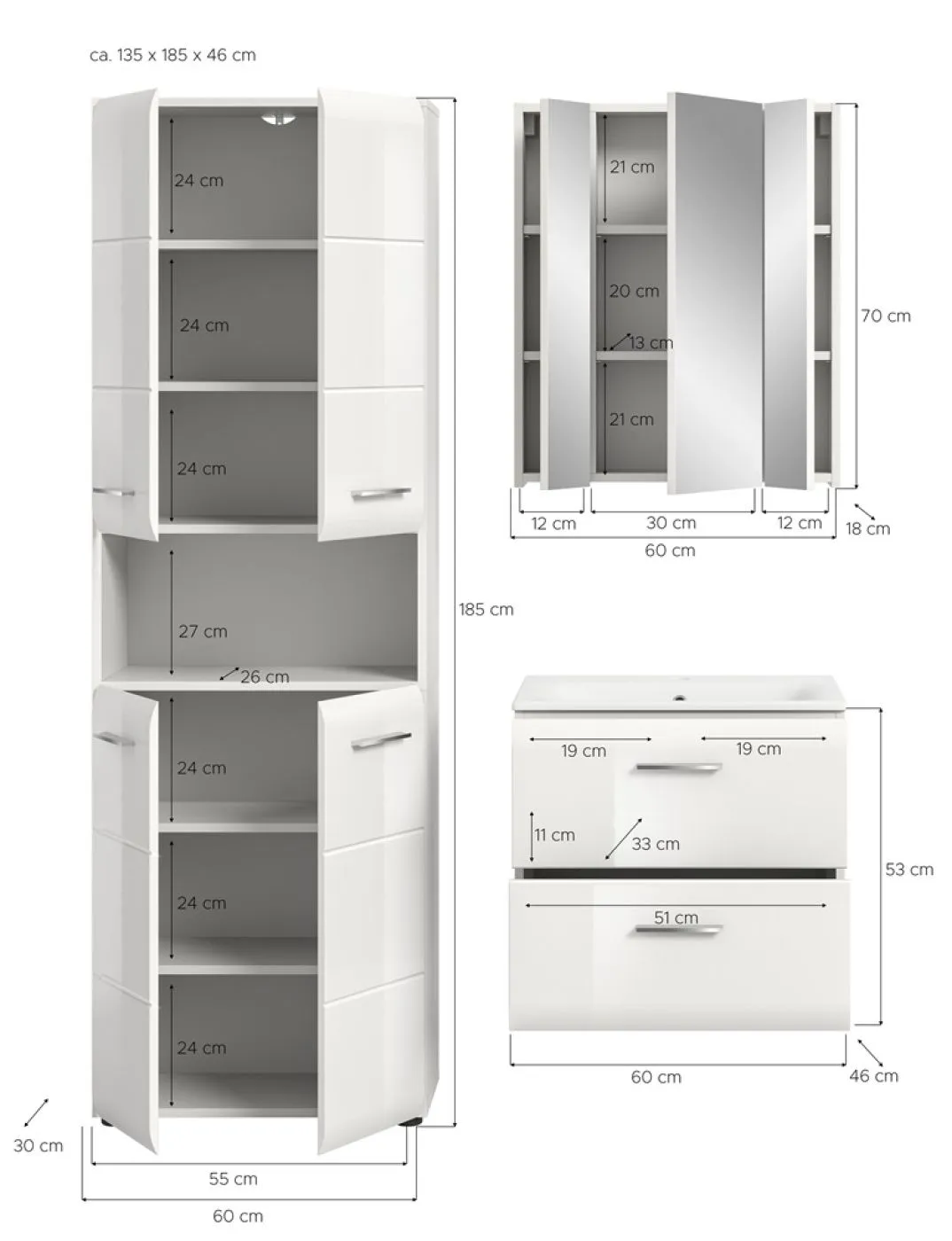 Bad Set Ice 7 | 3-teilig | weiß / weiß Hochglanz mit Badaufsatzleuchte