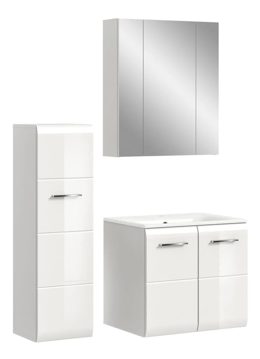 Bad Set Ice 8, 3-teilig, weiß Hochglanz, im Bad, Waschtisch mit Unterschrank, Spiegelschrank und Hochschrank nebeneinander – Ansicht 2