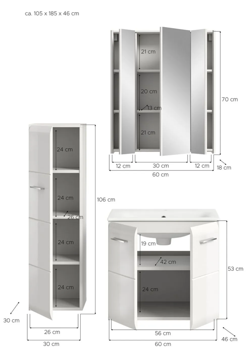 Bad Set Ice 8, 3-teilig, weiß Hochglanz, im Bad, Waschtisch mit Unterschrank, Spiegelschrank und Hochschrank nebeneinander – Ansicht 5