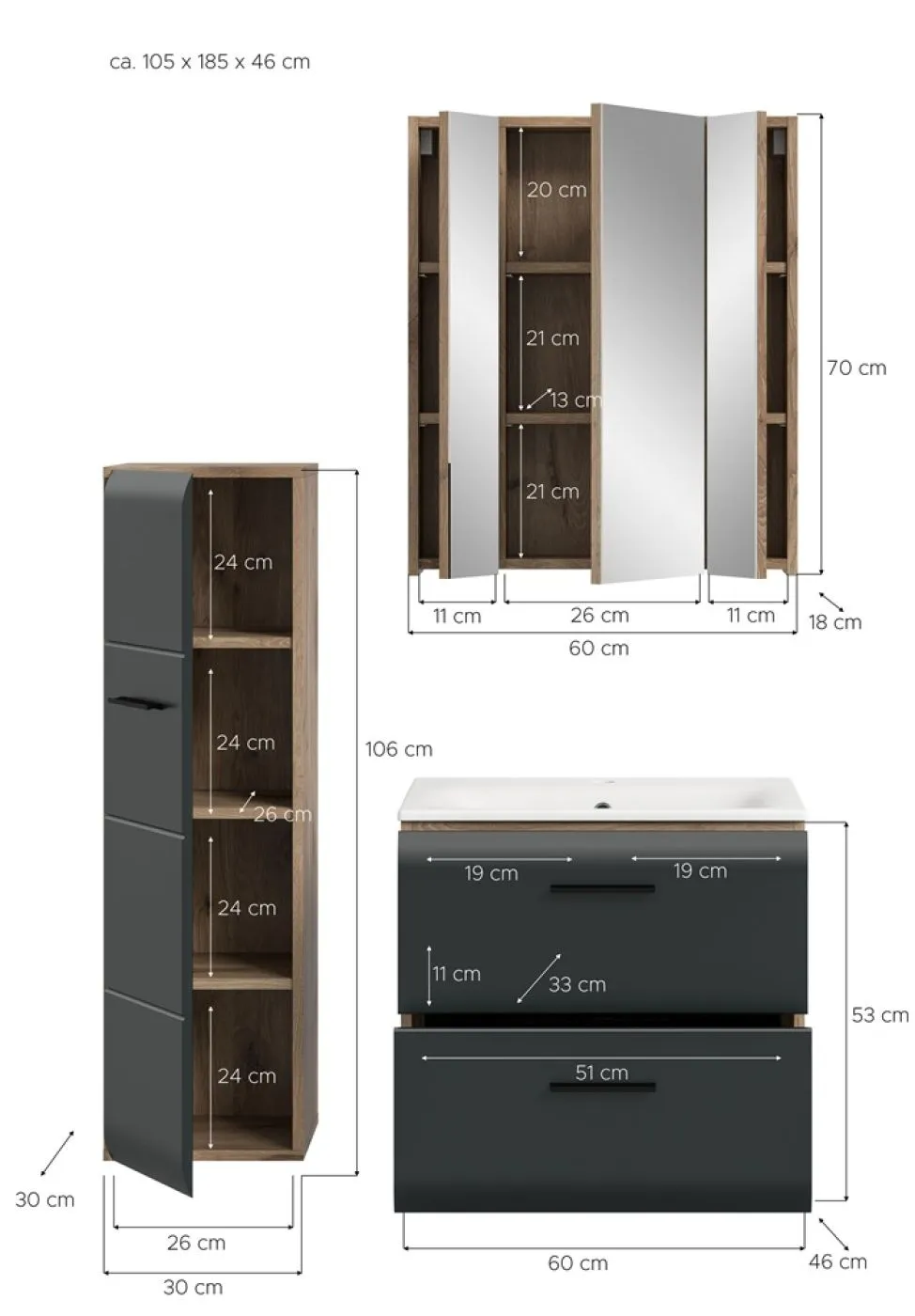 Bad Set Ice 9 | 3-teilig | Nox Oak / schwarz matt ohne
