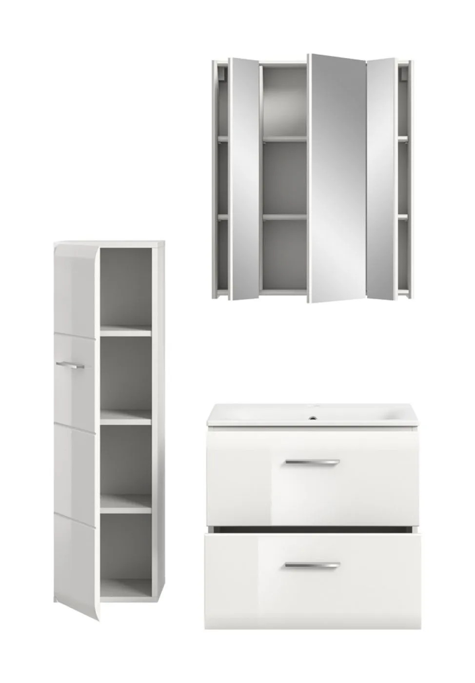 Bad Set Ice 9 | 3-teilig | weiß / weiß Hochglanz mit Badaufsatzleuchte