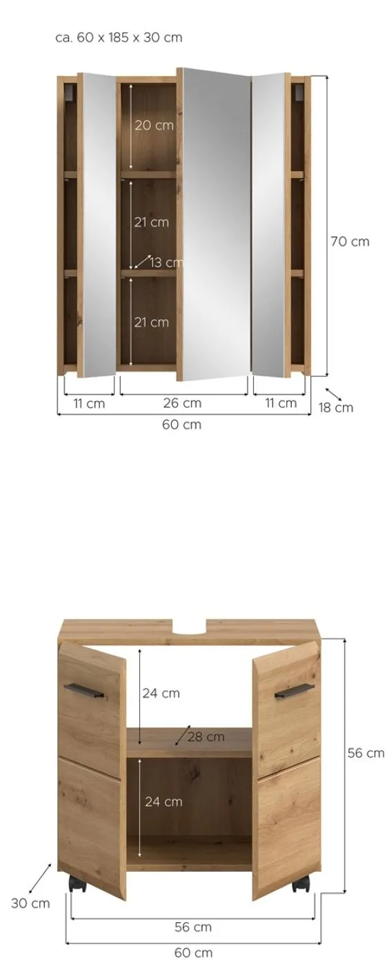 Bad Set Ice auf Rollen | 2-teilig | Artisan Oak ohne Aufsatzleuchte