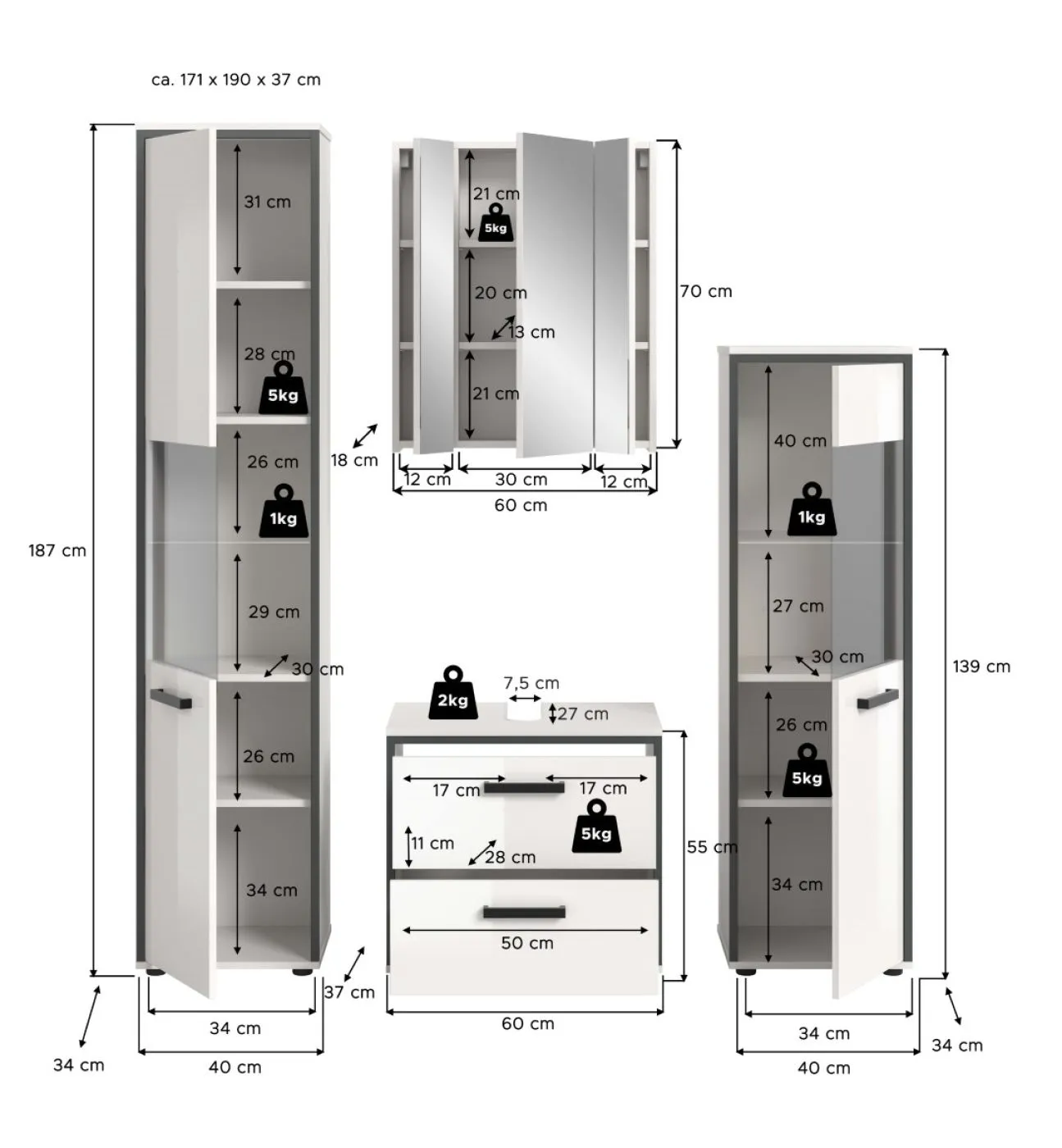 Bad Set Kojak 1 | 4-teilig | weiß / weiß Hochglanz | optional Beleuchtung