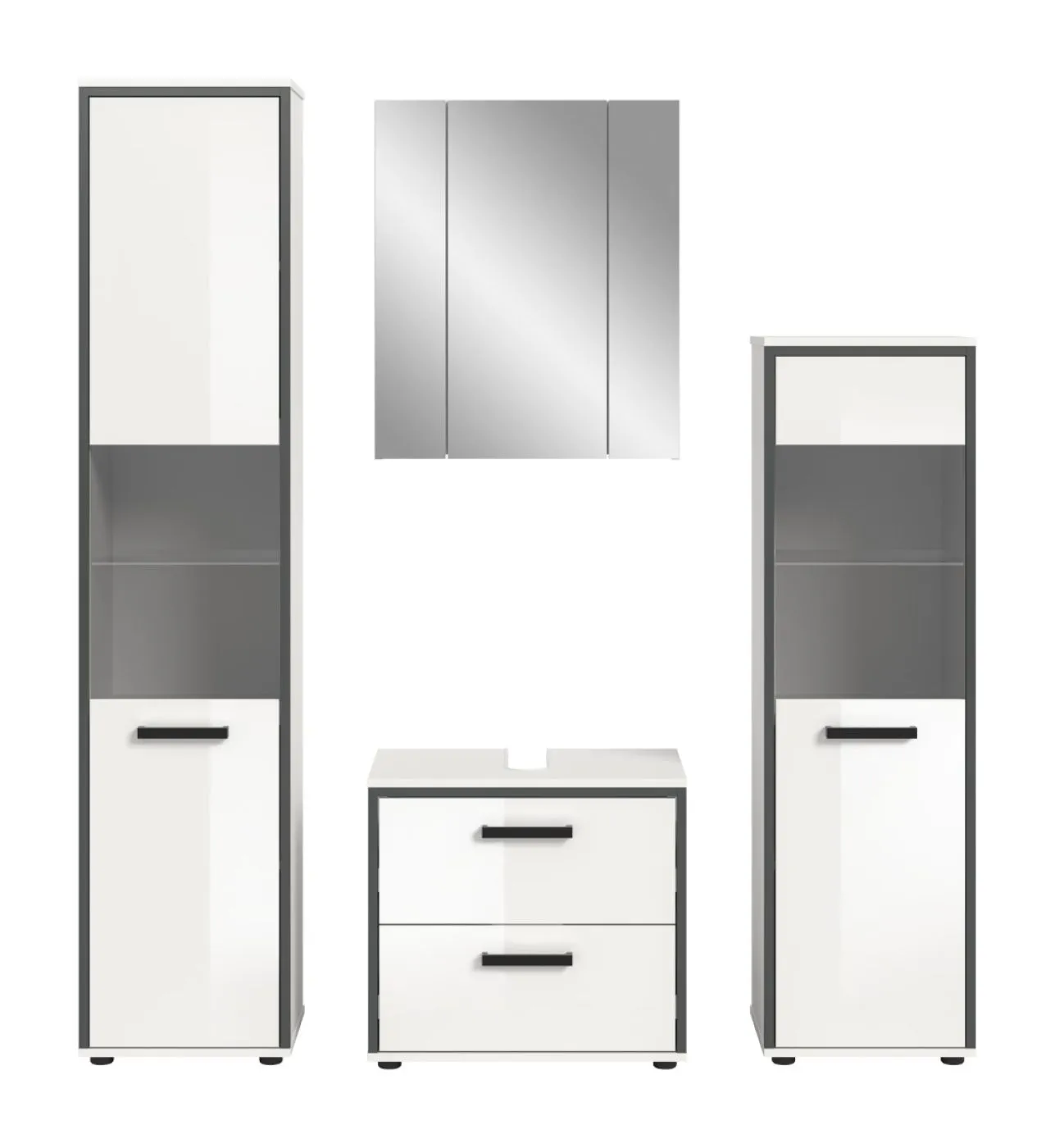 Bad Set Kojak 1 | 4-teilig | weiß / weiß Hochglanz | Spiegelschrank mit Beleuchtung