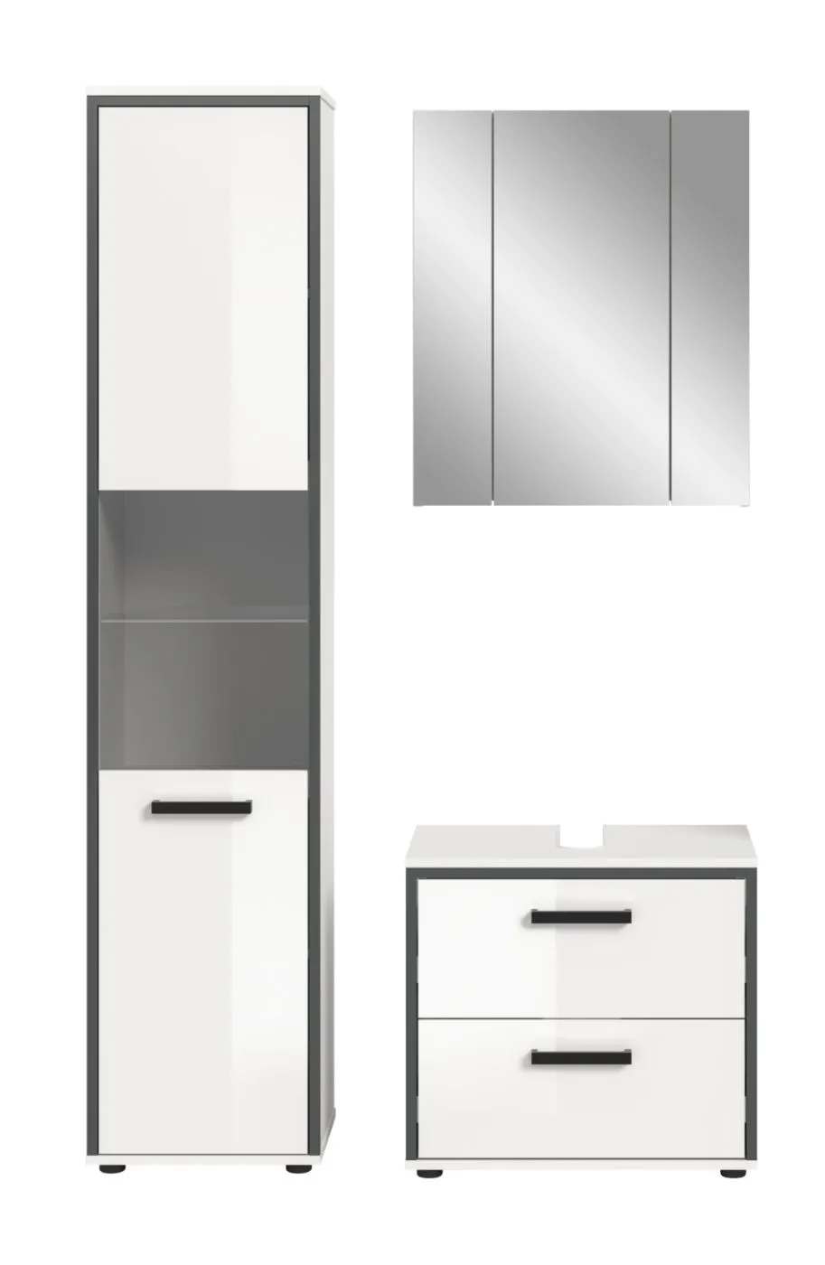 Bad Set Kojak 2 | 3-teilig | weiß / weiß Hochglanz | Spiegelschrank mit Beleuchtung