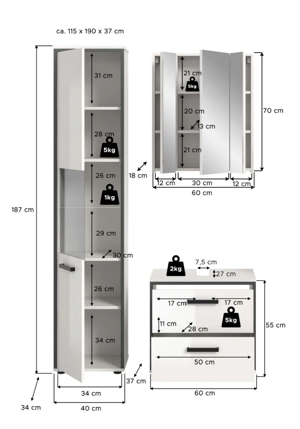 Bad Set Kojak 2 | 3-teilig | weiß / weiß Hochglanz | Spiegelschrank mit Beleuchtung