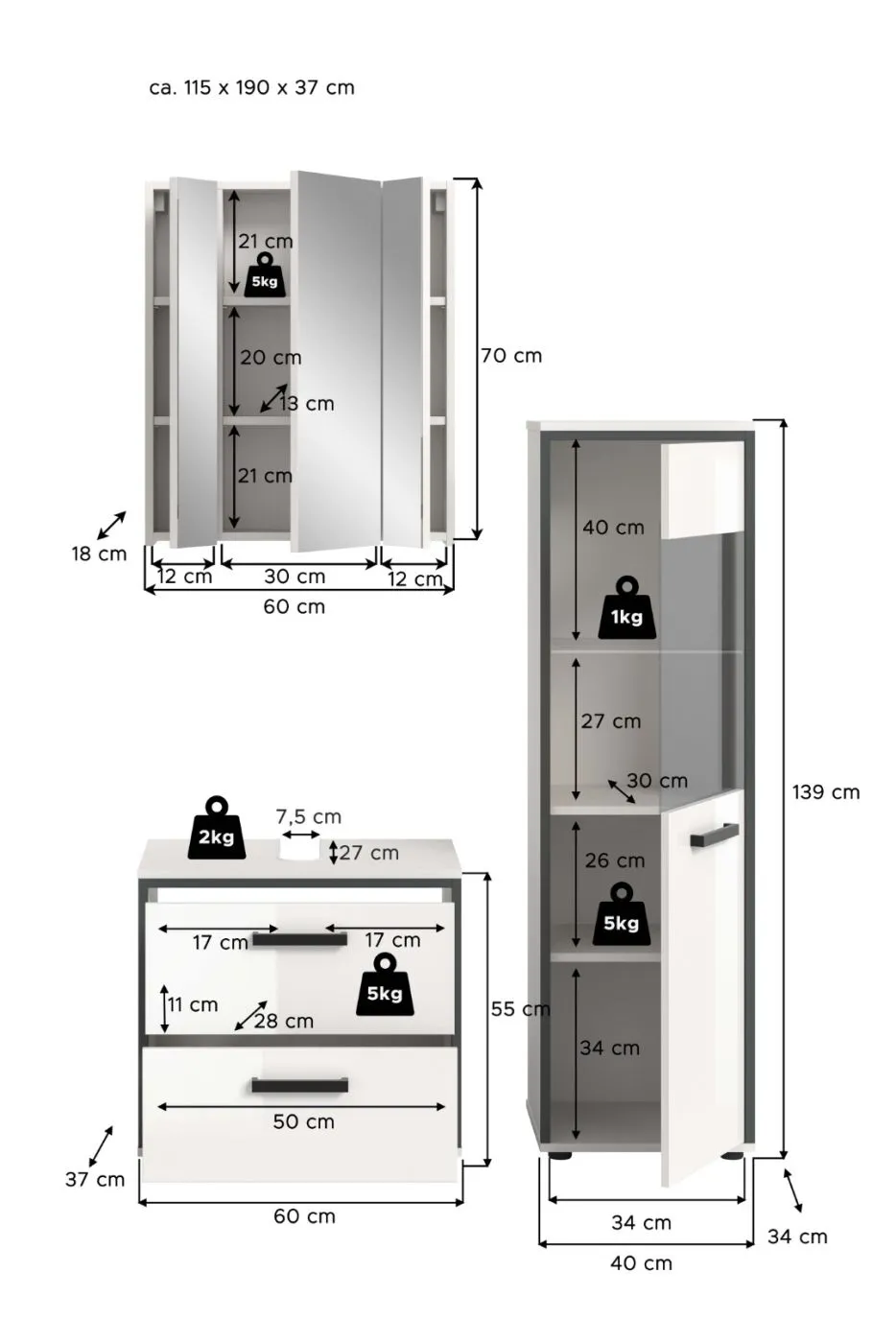 Bad Set Kojak 3 | 3-teilig | weiß / weiß Hochglanz | Beleuchtung Komplettset