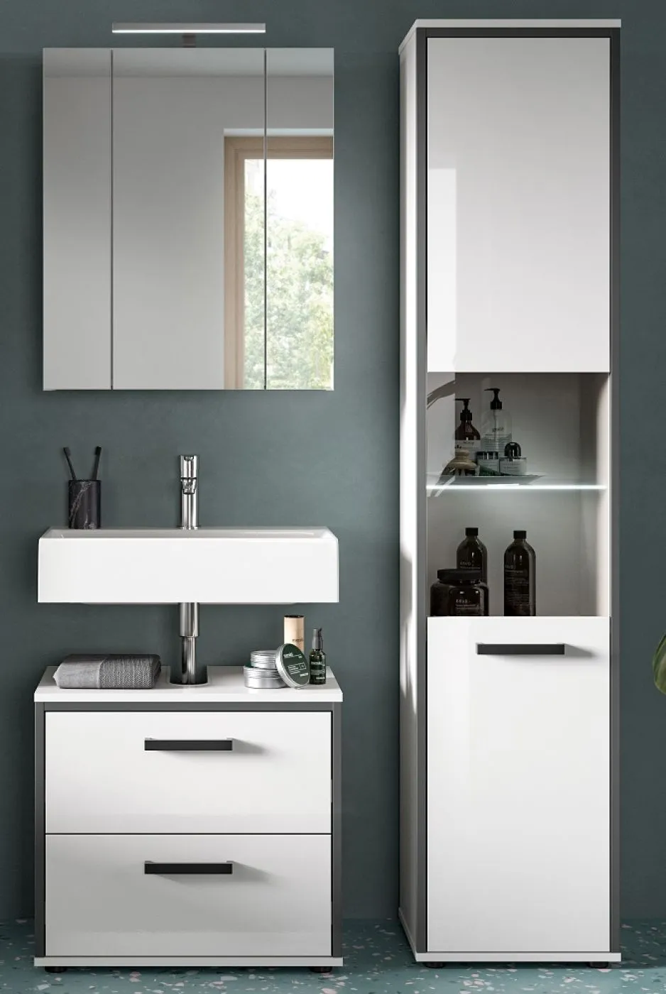 Bad Set Kojak 3 | 3-teilig | weiß / weiß Hochglanz | Beleuchtung Komplettset