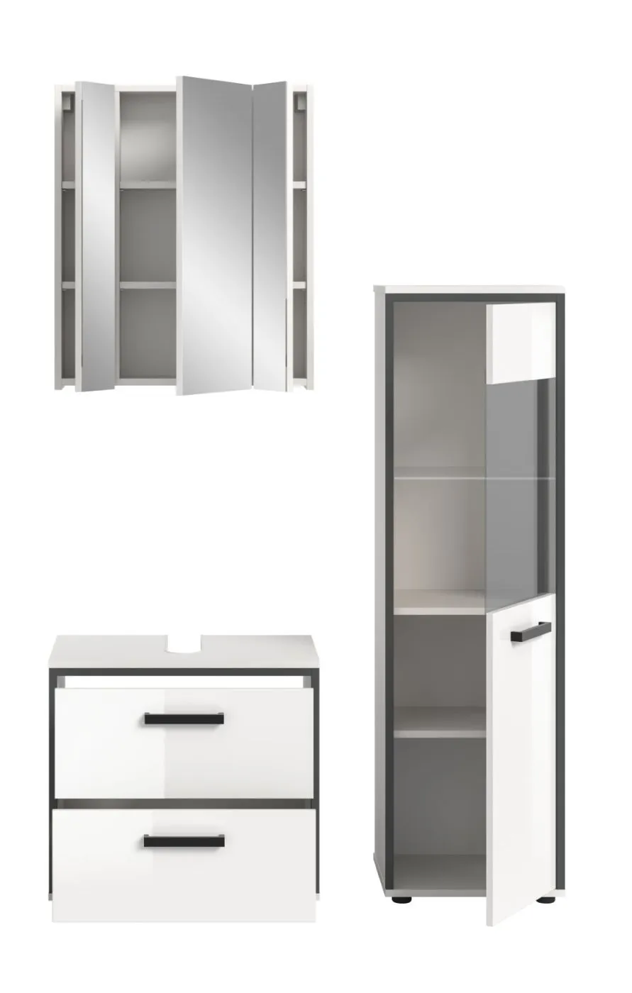 Bad Set Kojak 3 | 3-teilig | weiß / weiß Hochglanz | Spiegelschrank mit Beleuchtung