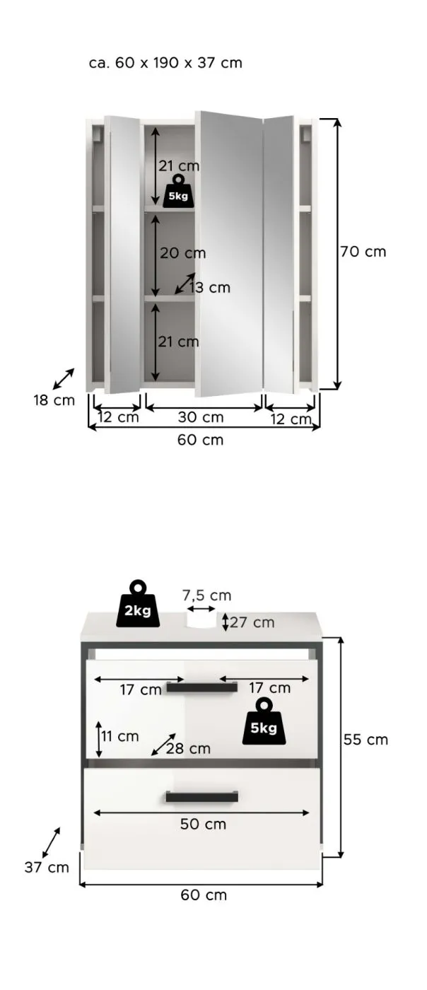 Bad Set Kojak 4 | 2-teilig | weiß / weiß Hochglanz | ohne Beleuchtung